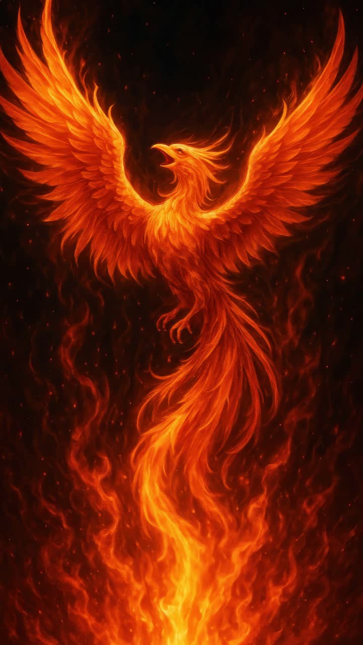 A fiery phoenix rising majestically, captured from a low angle