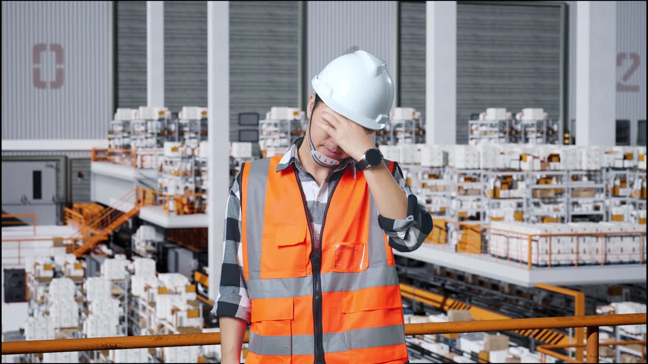 배달 물품으로 가득 찬 선반과 함께 창고에 서있는 동안 두통을 가진 안전 헬을 입은 아시아 남성 엔지니어