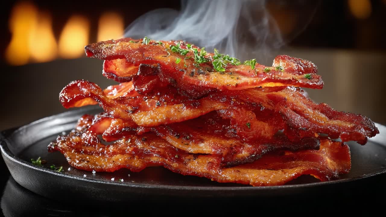A Delicious Stack of Crispy Bacon Glistening with Flavor, Exuding an Irresistible Aroma, Perfectly Cooked with a Touch of Fresh Herbs for a Gourmet Experience