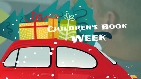 animation of childrens book week text over car, snow with christmas tree and gifts and caucasian boy