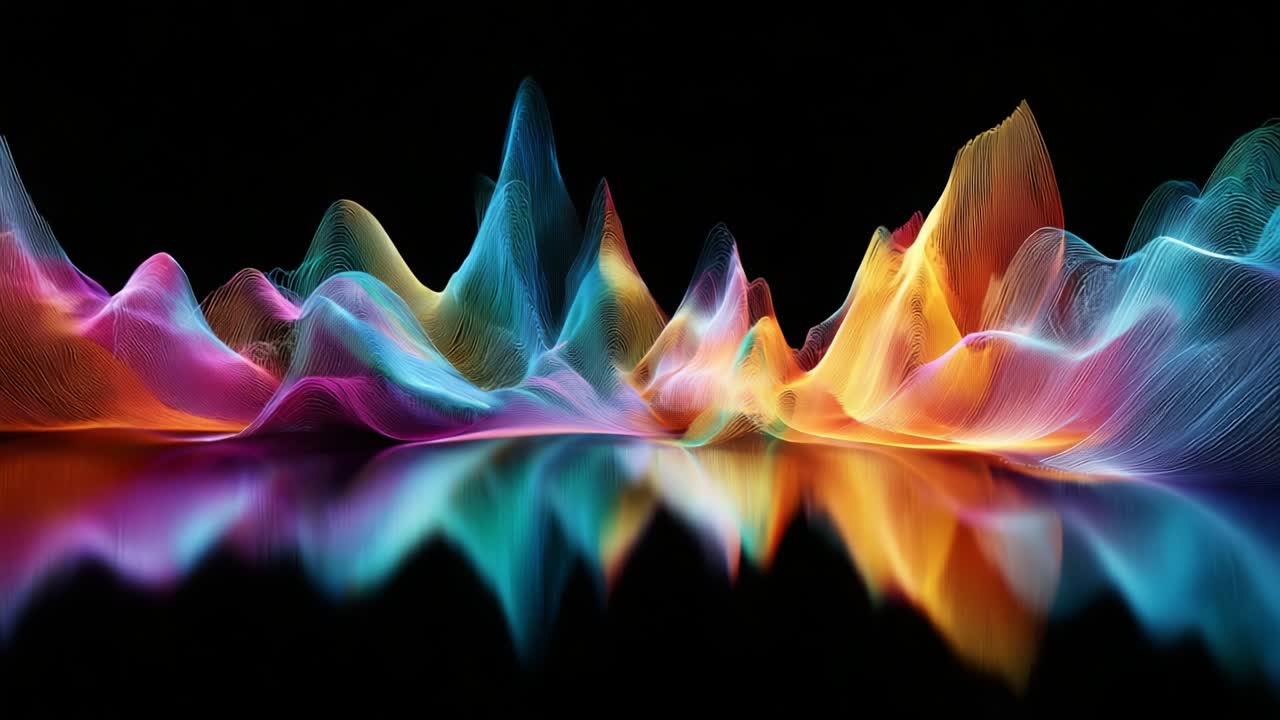 A Stunning Display of Vibrant Waveforms Reflecting a Spectrum of Colors, Capturing the Dynamic Rhythm of Sound through an Artistic Interpretation of Light and Motion in a Dark Background