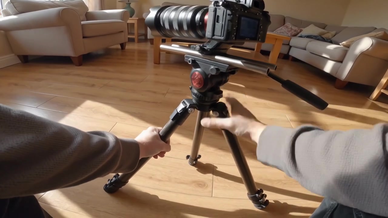 Mand i grå hættetrøje går ind i stuen, forbereder stativmonteret kamera med zoom, indrammer sofa.
