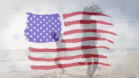 Animation-Der-Flagge-Der-Vereinigten-Staaten-Von-Amerika-über-Ein-Gemischtrassiges-Paar-Mit-Kindern-Am-Meer