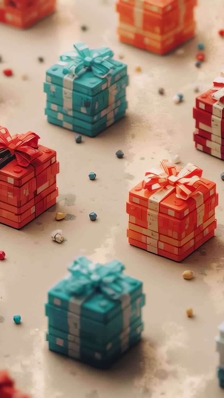 Video verticale: Carrellata all'indietro, la fotocamera rivela confezioni regalo color ottanio e arancione su un tavolo, con delle perline.
