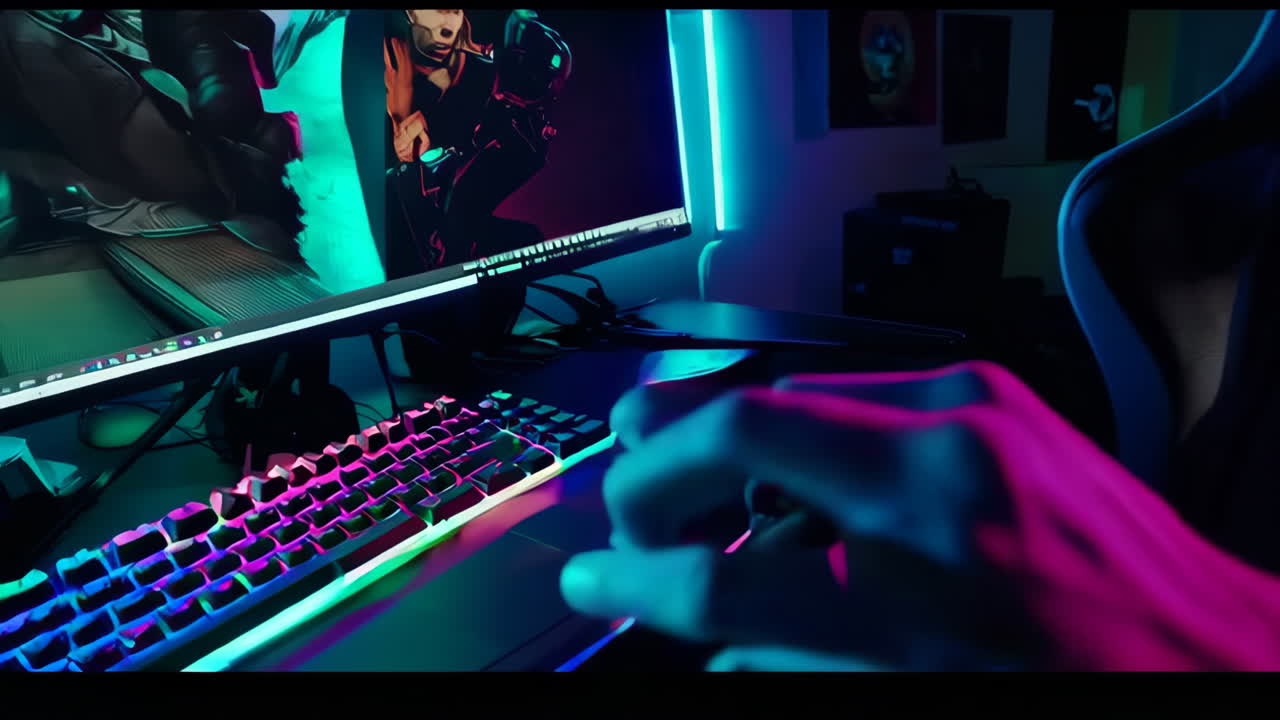 Gamer im neonbeleuchteten Schlafzimmer