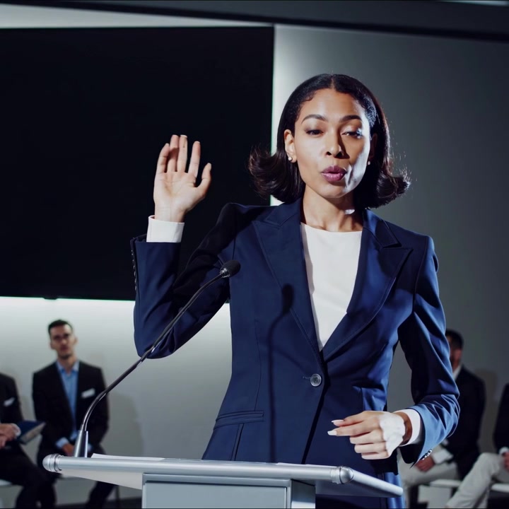 Professional Businesswoman Giving a Presentation at a Podium