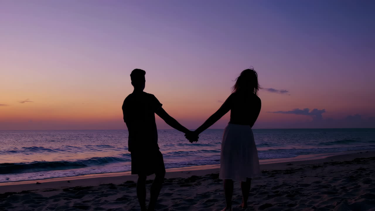 해변 에서 해가 지는 동안 손을 잡고 있는 부부