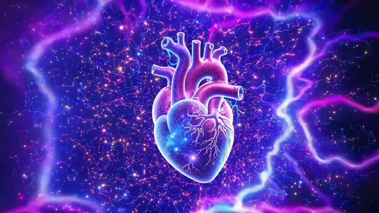 A glowing, digital heart with electric veins, captured from a front angle