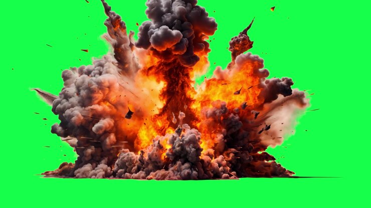 Large Fiery Explosion with Thick Smoke on Green Screen