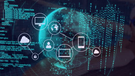 animation of data processing and media icons over globe