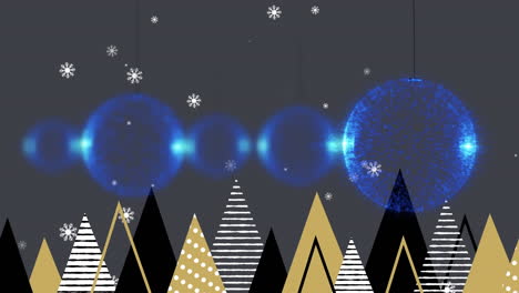 snowflakes falling over multiple christmas tree icons against blue baubles hanging decorations