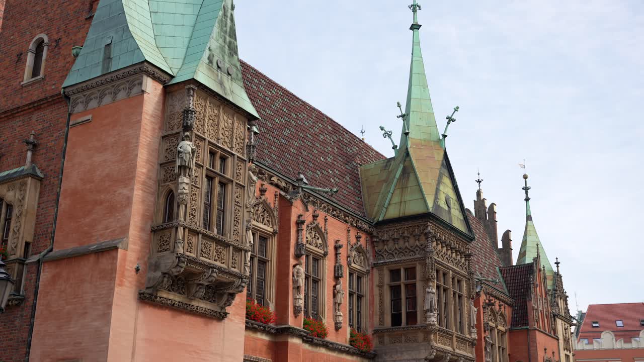 Ornate Gothic Details of Wroclaw old Town Hall, landmark in Polish City