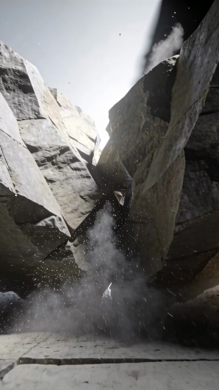 Vertical video: Dropping dark-clad figure striking ground between boulders, raising dust to light
