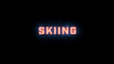 a short high quality motion graphic typographic reveal of the words "skiing" with various colour options on a black background, animated in and animated out with electric, misty elements