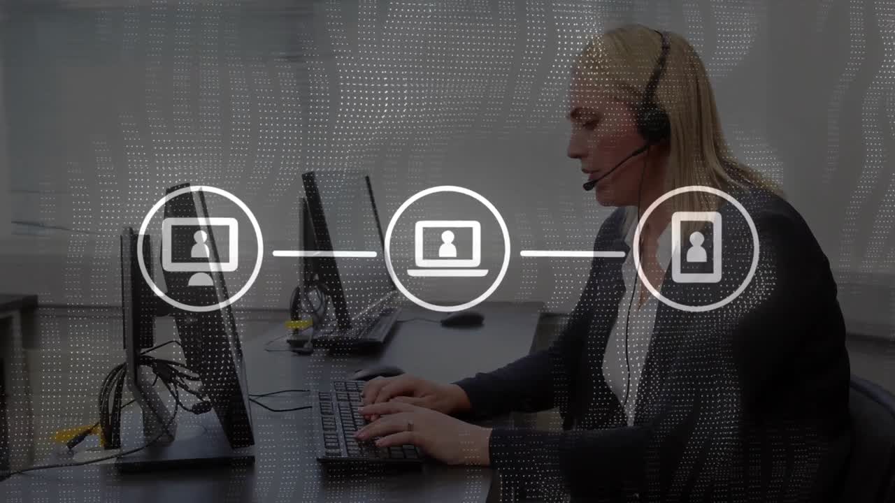 animación de ondas blancas e iconos sobre una mujer de negocios con auriculares