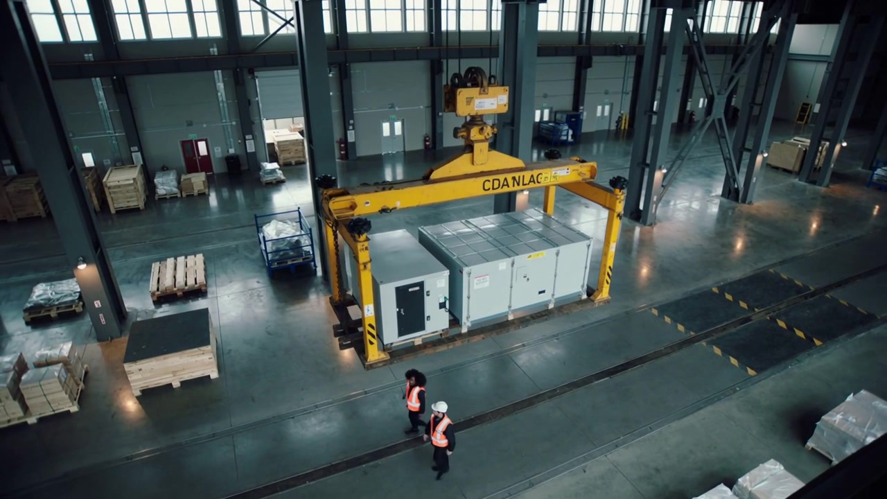 Moving yellow gantry crane carrying metal unit on rails, workers wearing vests and hard hats