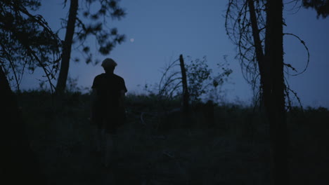 silhouette of person walking up hill at night with trees and moon