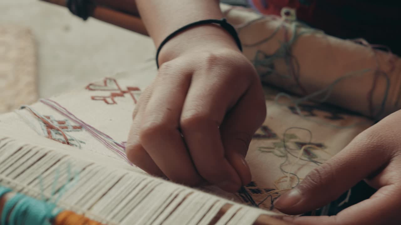 Handloom Weaver Weaves Textiles For Traditional Clothing In Guatemala, Central America - close up