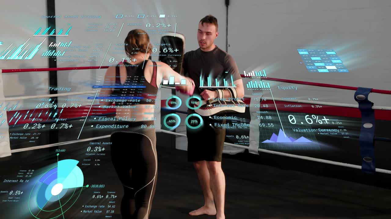 Boxer training with trainer presenting pads, throwing measured-to-high combos, HUD overlaying ring