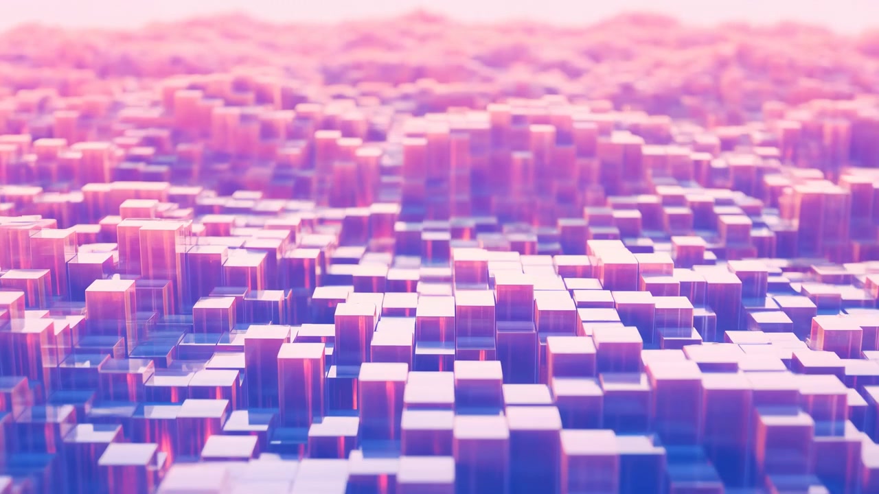 Paesaggio urbano a cubi dai colori pastello tenui che risplende con tonalità sfumate dell'alba, una luce delicata si riversa su uno skyline di blocchi riflettenti