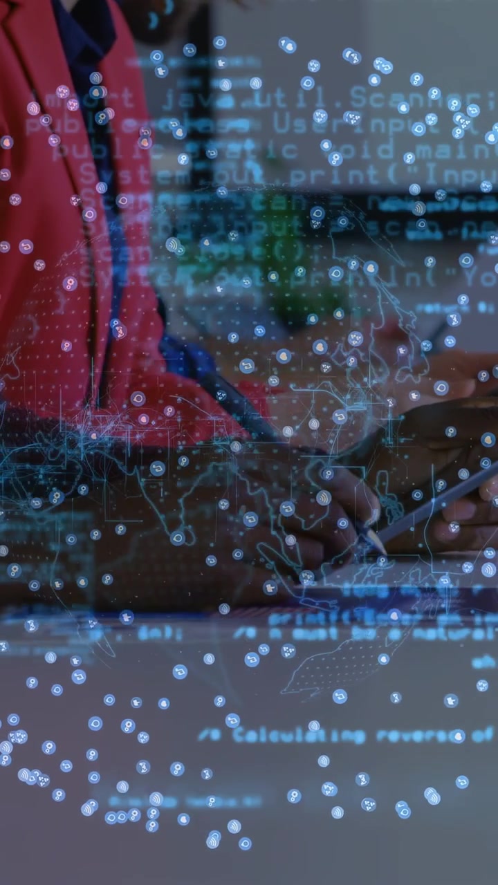 Vertical video: Woman tapping tablet starting AR globe and code, hand holding phone checking data