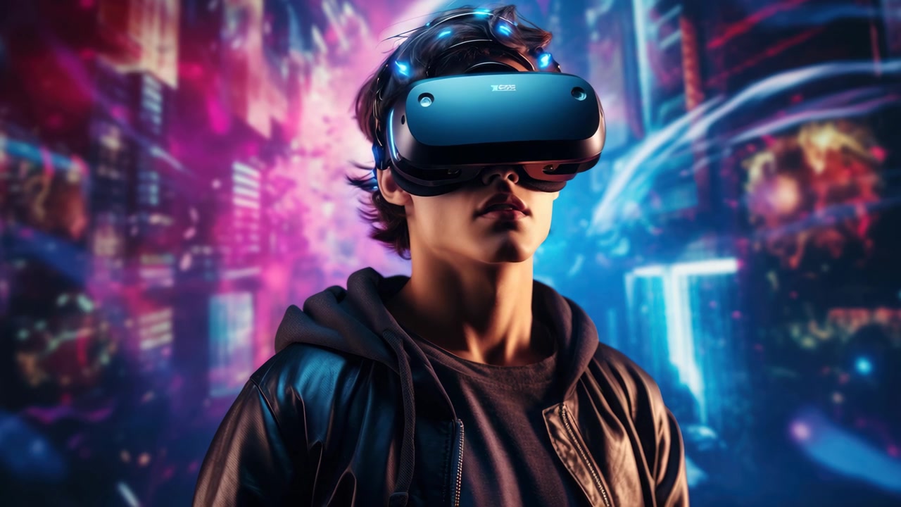 Giovane uomo che indossa un visore per la realtà virtuale in una futuristica città cyberpunk