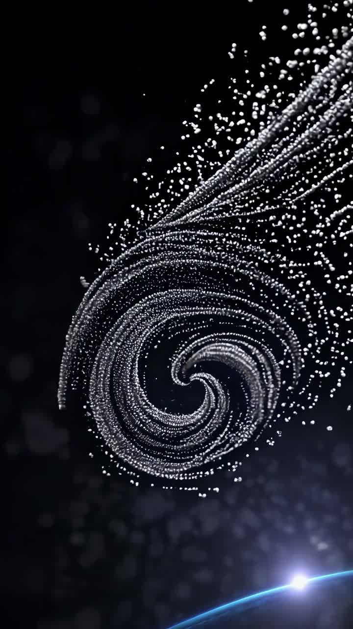 Swirling particles create a dynamic spiral against a dark backdrop, revealing the Earth's horizon and a distant light source in a captivating cosmic display