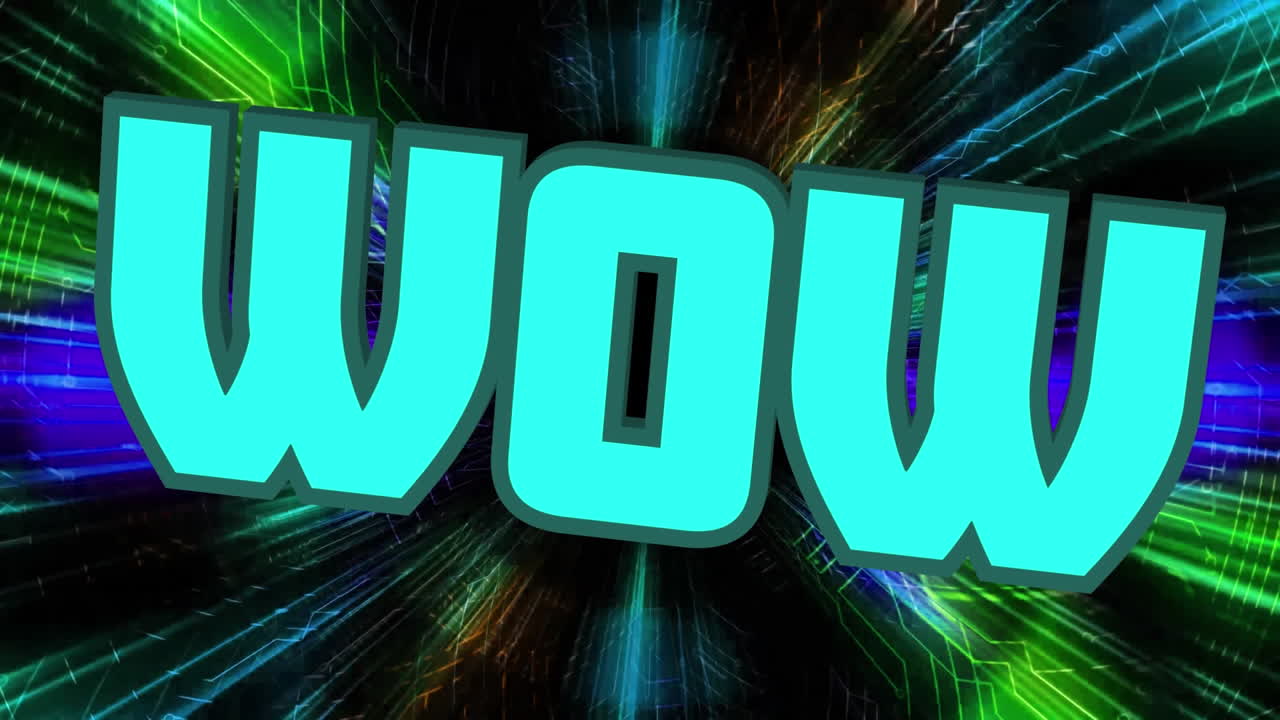 Animation of wow text in blue over colourful lights rotating on black background