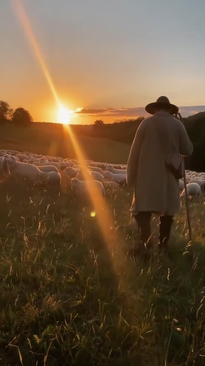 Un pastore cammina attraverso un campo di pecore al tramonto, ripreso da dietro in un video cinematografico