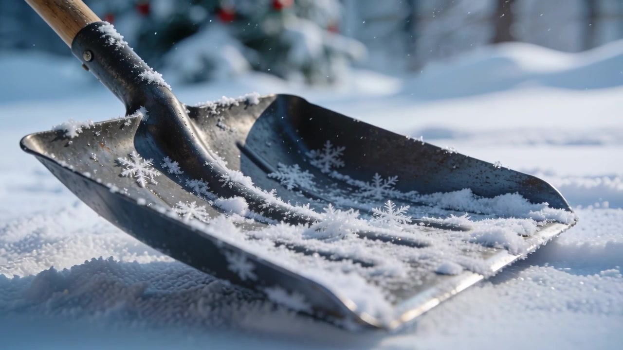 Kameraet skifter og afslører metalskovl, der fremhæver frostkrystaller på skovlbladet i gården med snebyger