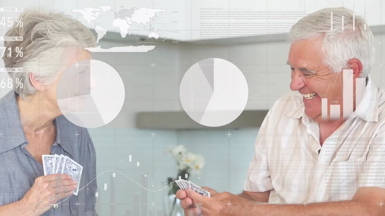 상급 백인 커플 게임 카드에 대한 금융 데이터 처리의 애니메이션