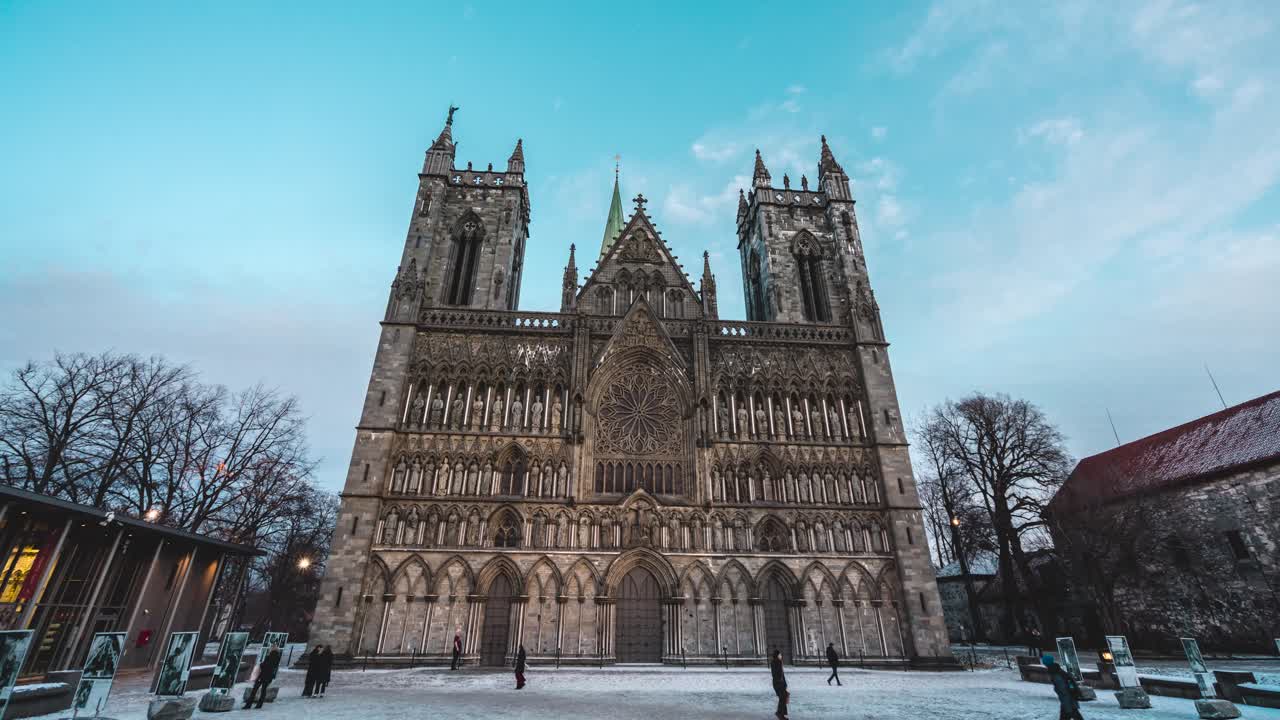 Hyperlapse of Nidaros Cathedral located in the city of Trondheim in Trøndelag county in Norway