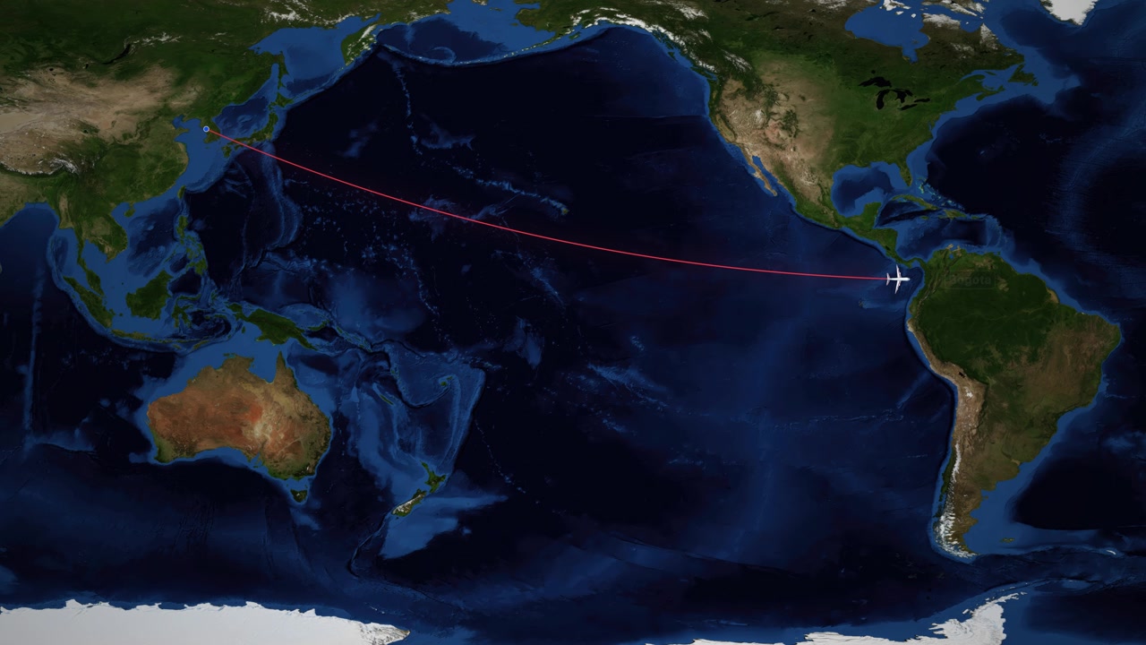 Airplane icon travels across Pacific Ocean from Seoul to Bogota on satellite world map