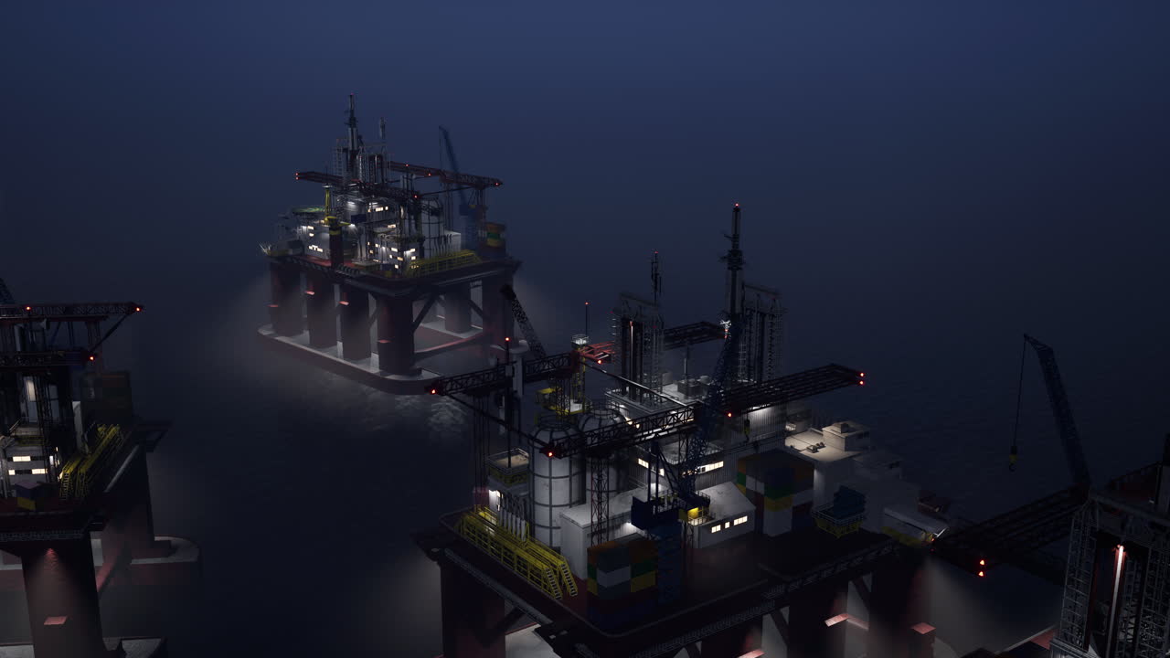 Offshore installation equipped with machinery and strong lights for dark sea