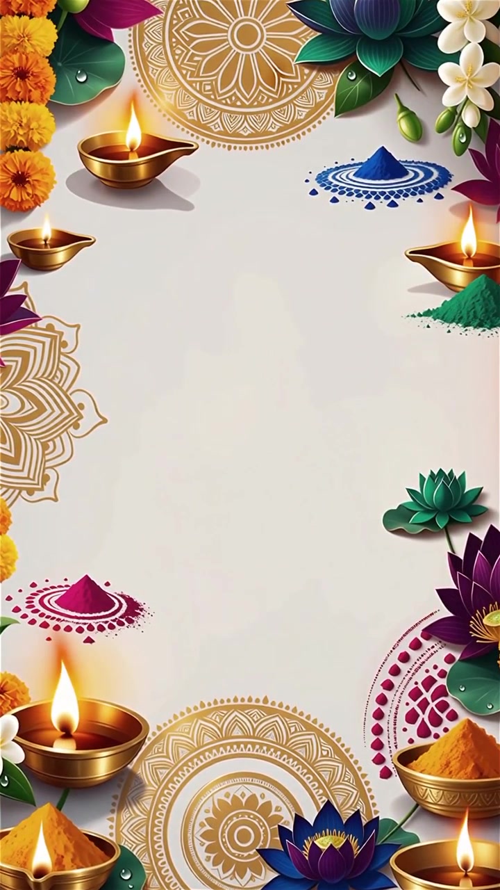 Sfondo Diwali con Diyas luminosi, Rangoli e fiori di loto