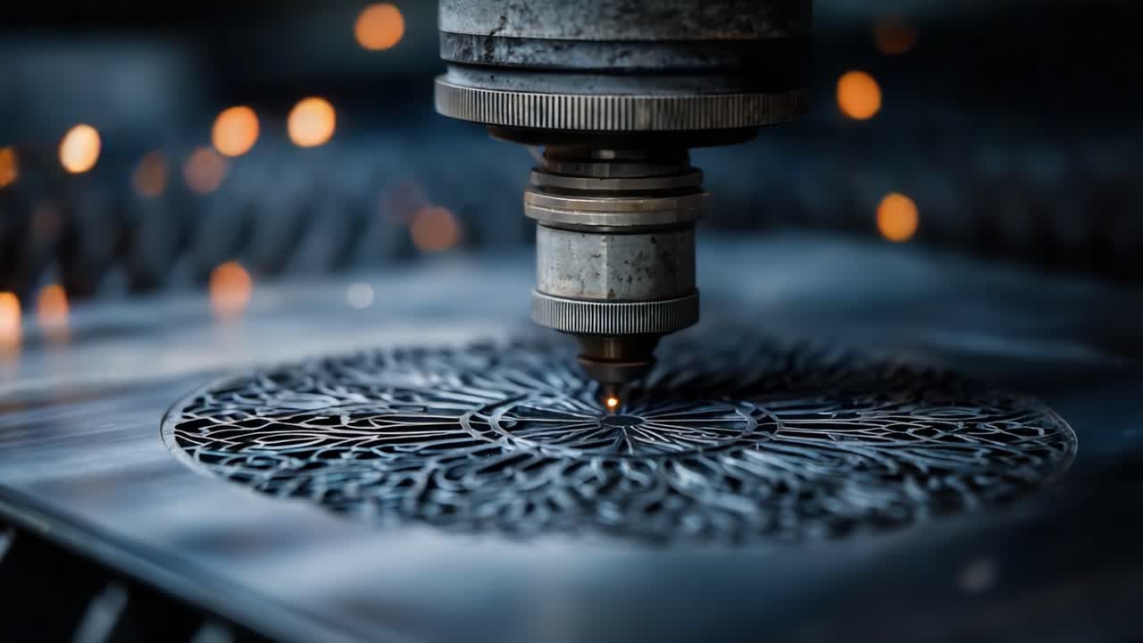 Intricate Metal Cutting Process: A Close-Up of a Laser Cutter Engaging in Precision Design Work, Creating Detailed Patterns and Emitting Sparks in the Workshop Environment