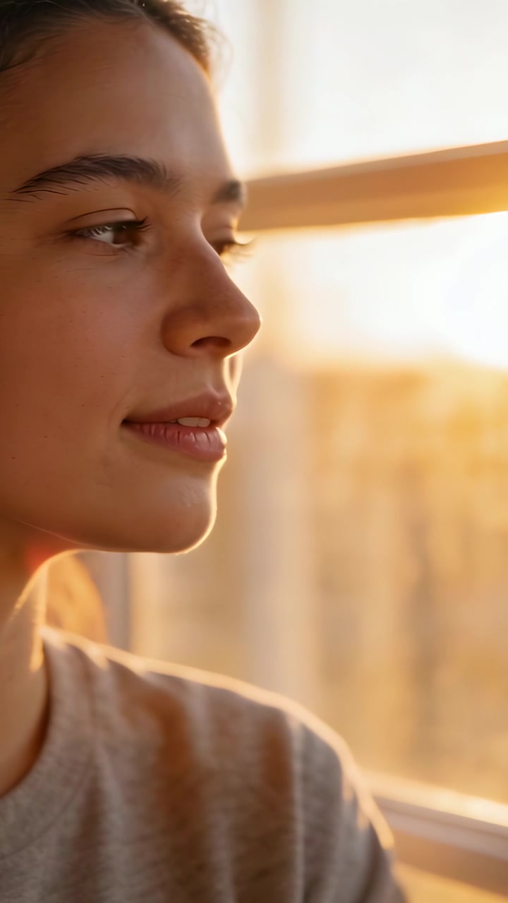 Vertical video: Turning woman in grey tee gazing out window at home, tracking lens flare and sunset