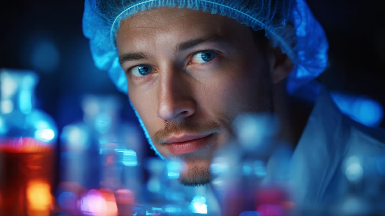 Em um laboratório escuro, repleto de frascos de vidro brilhantes e líquidos vibrantes, um cientista concentrado, usando uma touca cirúrgica, examina atentamente o ambiente, revelando a intensa dedicação e a curiosidade da pesquisa científica