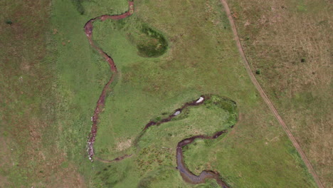 aerial view of winding creek in a grassy valley