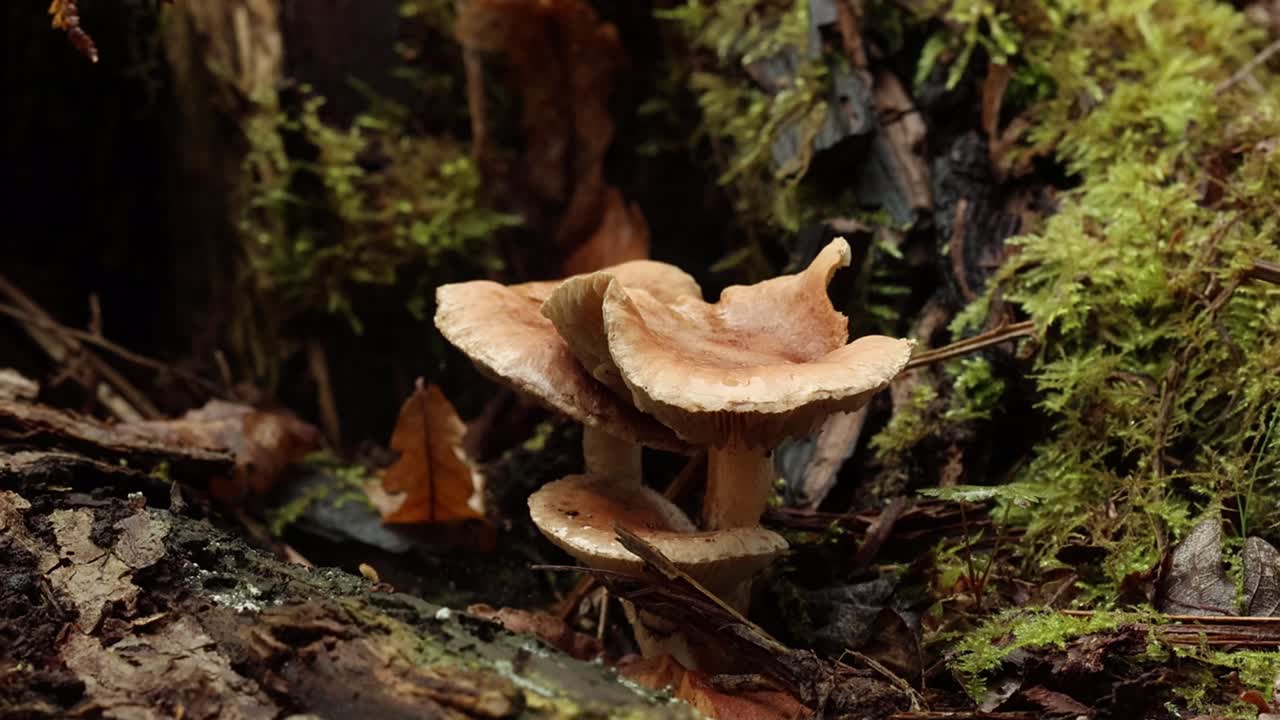 Fungi growing from rotting logs on woodland floor. Autumn. Staffordshire. UK