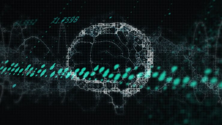 Animation of data processing over spinning human brain icon and digital wave on black background