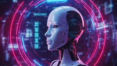 a futuristic robotic headshot featuring advanced circuitry and neon lighting, capturing the intersection of technology and art in a digital universe
