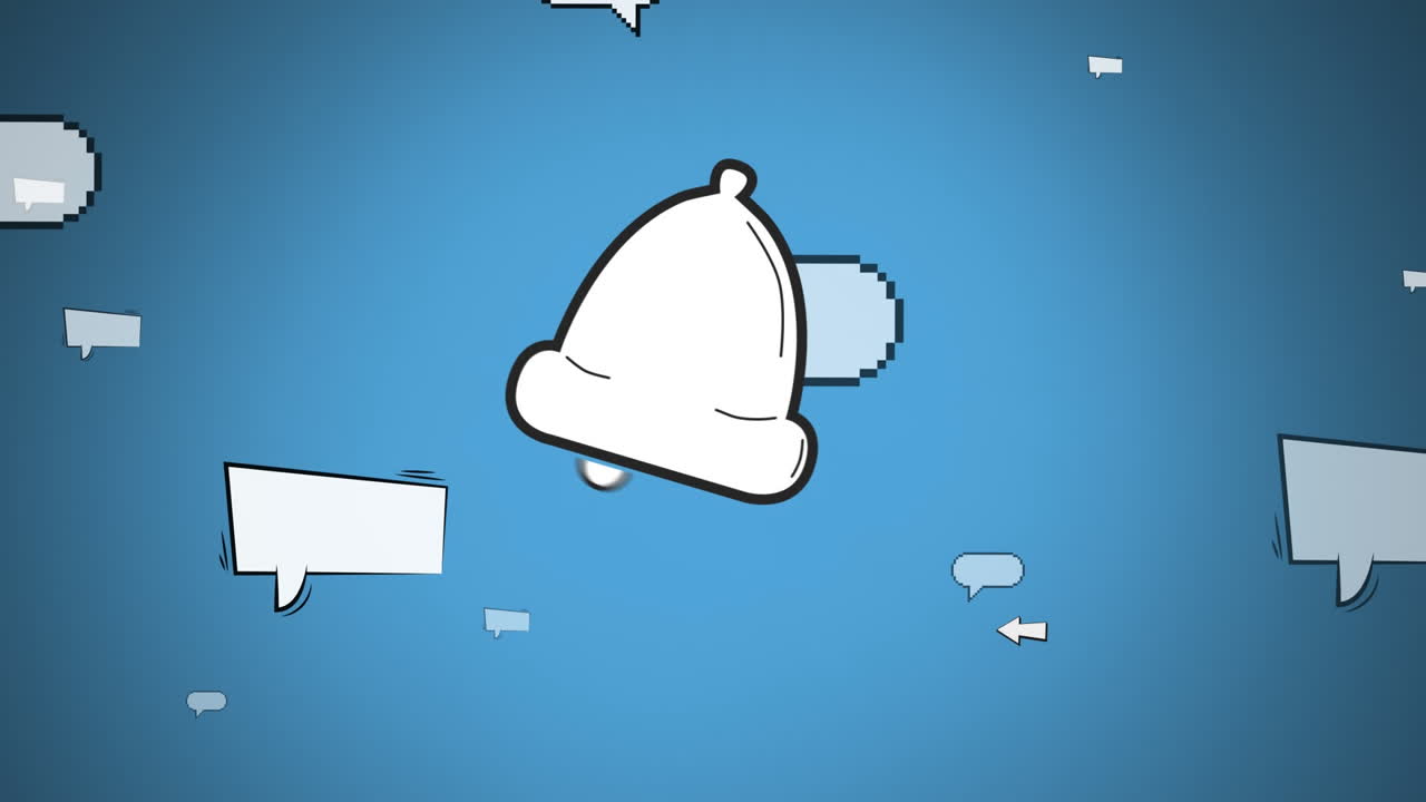 파란색 배경에 있는 음성 거품 위에 있는 종 아이콘의 애니메이션