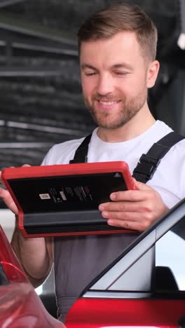a technician stands by a red car thumbsup for its approved condition a technician stands proudly by a red car using a tablet his thumbsup signifies a successful assessment of the vehicles condition