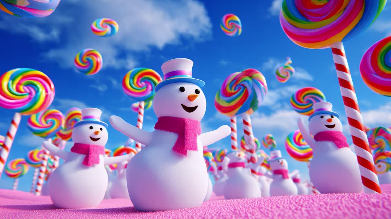 A Whimsical Winter Wonderland Filled with Joyful Snowmen in Colorful Hats and Scarves, Surrounded by Enormous Candy Swirls That Enchant the Imagination on a Clear Blue Sky Day