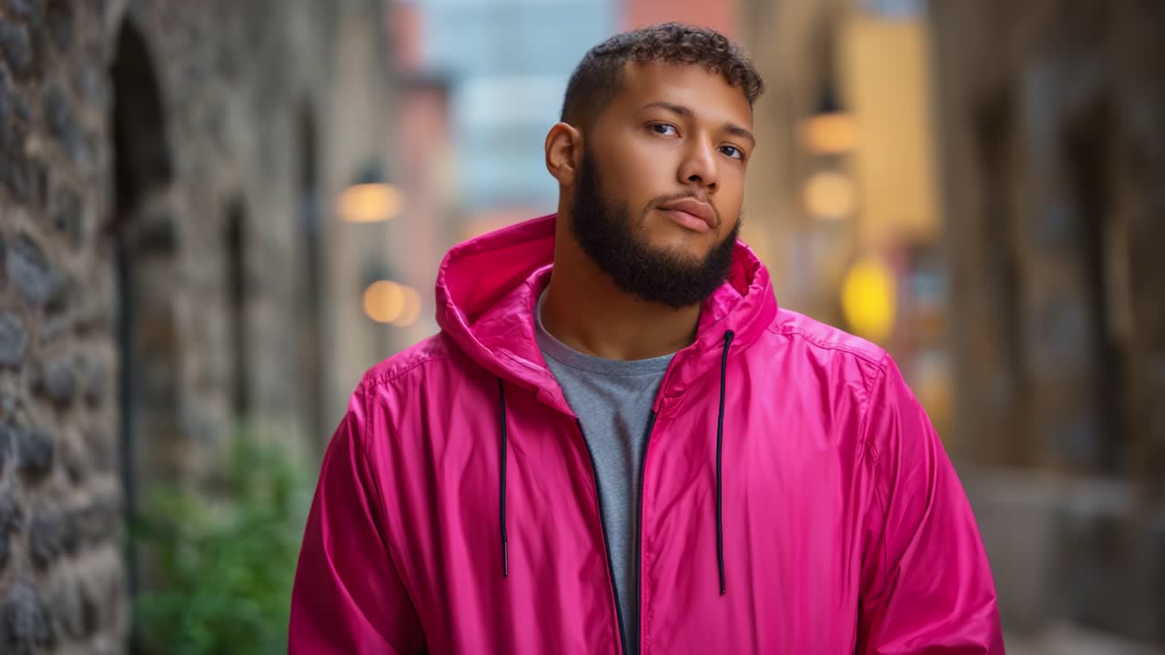 A confident young man in a pink jacket stands in an urban alley, showcasing modern fashion style and a striking presence amid a charming stone wall backdrop