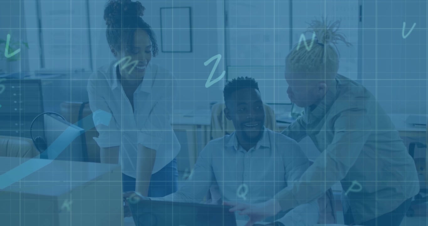 Animation of graphs and letter over multiracial coworkers discussing reports over laptop in office