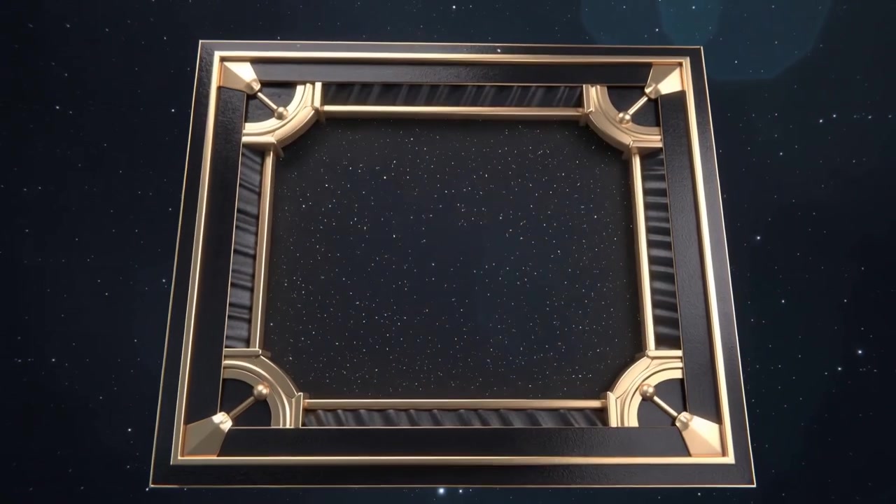 Braccio d'oro scorrevole che colpisce un angolo, creando scintille e formando una cornice quadrata con supporti in un campo stellare