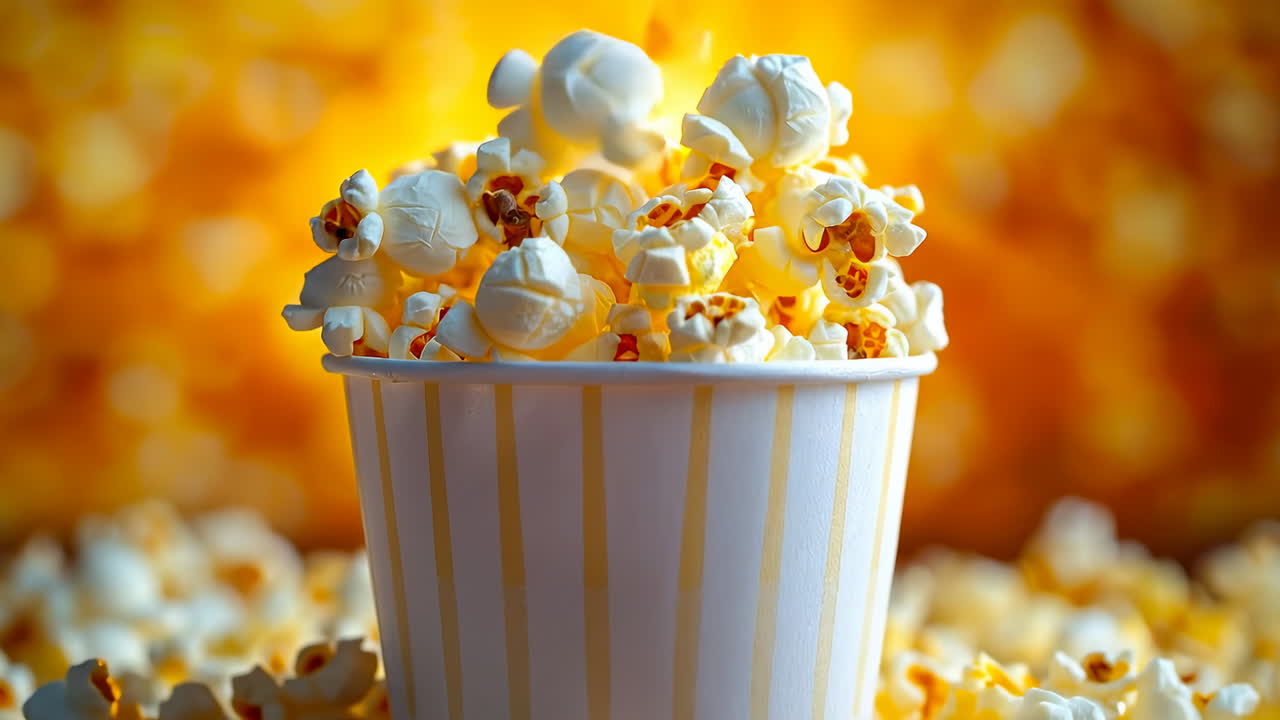 Popcorn in a cup with golden background. Delicious popcorn fills a white cup against a warm golden backdrop, creating a cozy and inviting scene