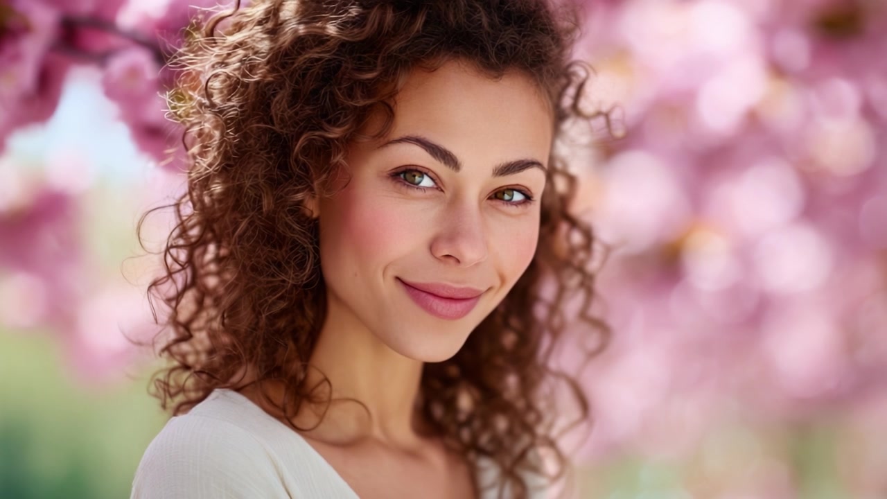 Retrato Cativante de uma Jovem Mulher em Meio a Cerejeiras em Flor, Irradiando Alegria e Beleza Natural em um País das Maravilhas Floral com Fundo Rosa Vibrante.